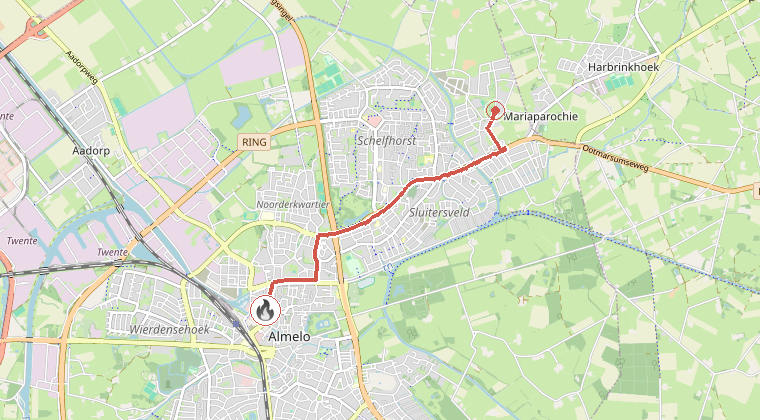 Kaart van de omgeving van de melding, met de kazerne die is gealarmeerd