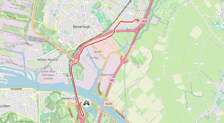 Kaart van de omgeving van de melding, met de kazerne die is gealarmeerd