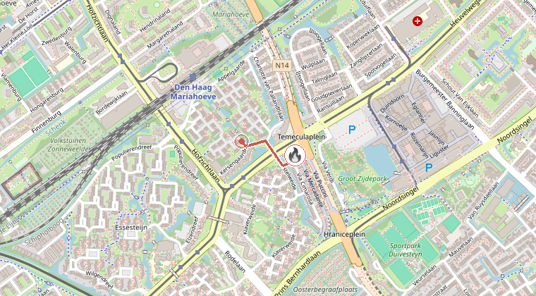 Kaart van de omgeving van de melding, met de kazerne die is gealarmeerd