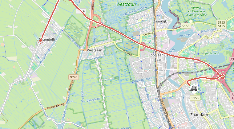 Kaart van de omgeving van de melding, met de kazerne die is gealarmeerd