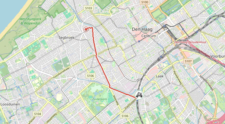 Kaart van de omgeving van de melding, met de kazerne die is gealarmeerd