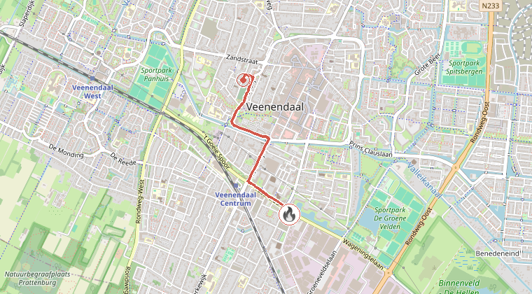Kaart van de omgeving van de melding, met de kazerne die is gealarmeerd