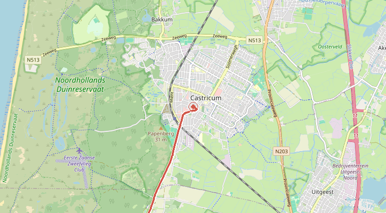 Kaart van de omgeving van de melding, met de kazerne die is gealarmeerd
