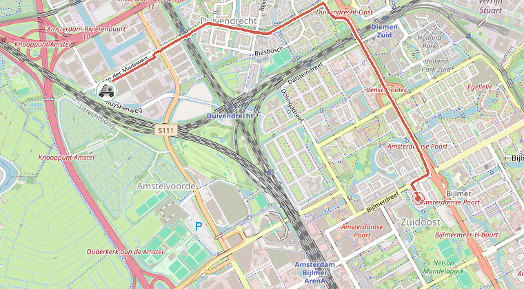 Kaart van de omgeving van de melding, met de kazerne die is gealarmeerd