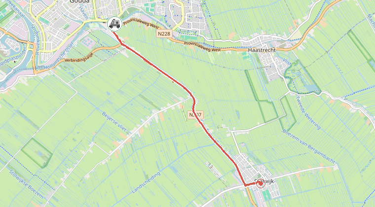 Kaart van de omgeving van de melding, met de kazerne die is gealarmeerd