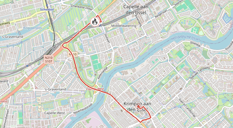 Kaart van de omgeving van de melding, met de kazerne die is gealarmeerd
