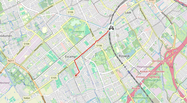 Kaart van de omgeving van de melding, met de kazerne die is gealarmeerd