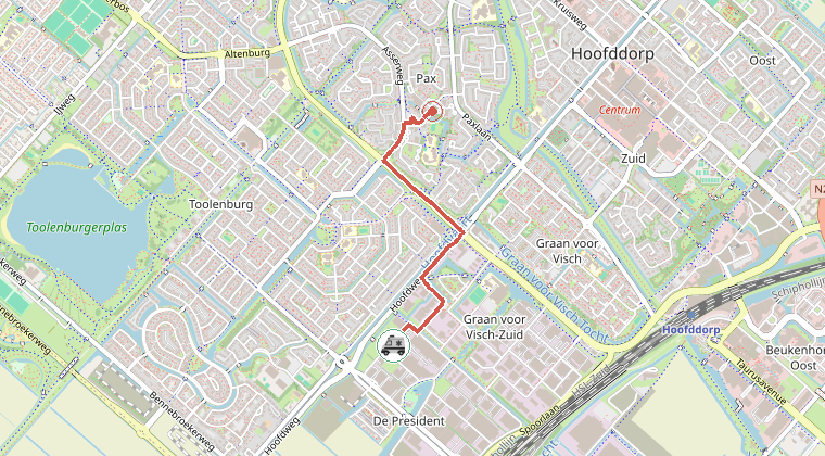 Kaart van de omgeving van de melding, met de kazerne die is gealarmeerd