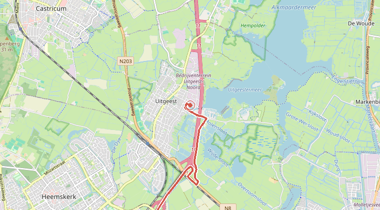 Kaart van de omgeving van de melding, met de kazerne die is gealarmeerd
