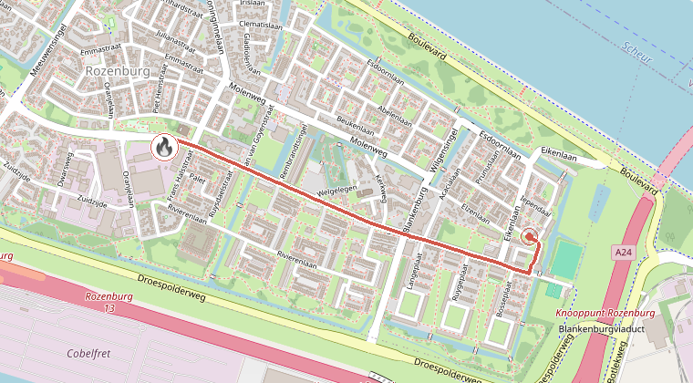 Kaart van de omgeving van de melding, met de kazerne die is gealarmeerd