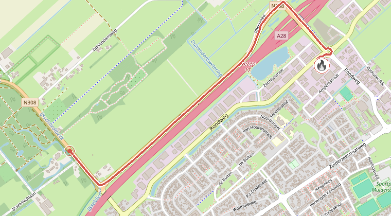 Kaart van de omgeving van de melding, met de kazerne die is gealarmeerd