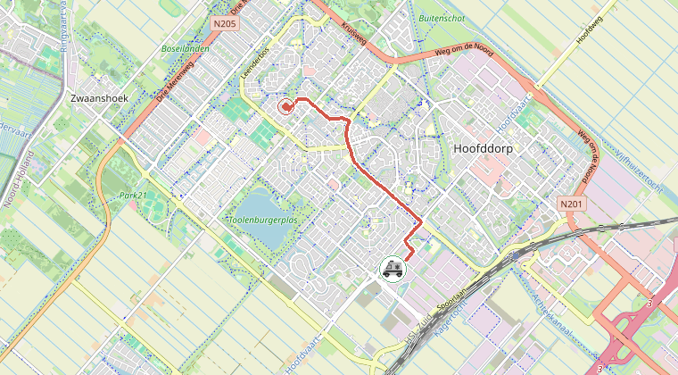 Kaart van de omgeving van de melding, met de kazerne die is gealarmeerd