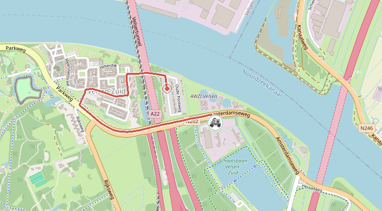 Kaart van de omgeving van de melding, met de kazerne die is gealarmeerd