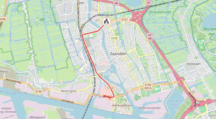 Kaart van de omgeving van de melding, met de kazerne die is gealarmeerd