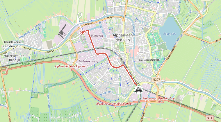Kaart van de omgeving van de melding, met de kazerne die is gealarmeerd