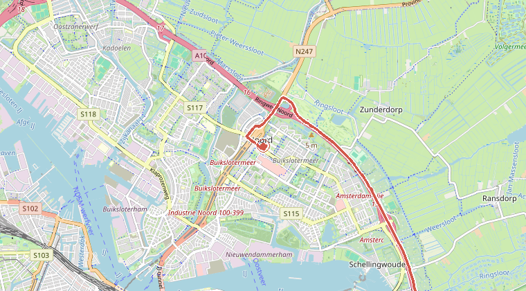 Kaart van de omgeving van de melding, met de kazerne die is gealarmeerd