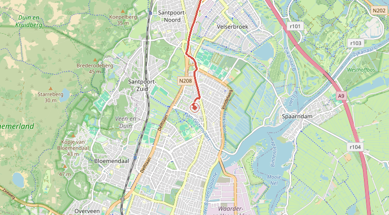 Kaart van de omgeving van de melding, met de kazerne die is gealarmeerd