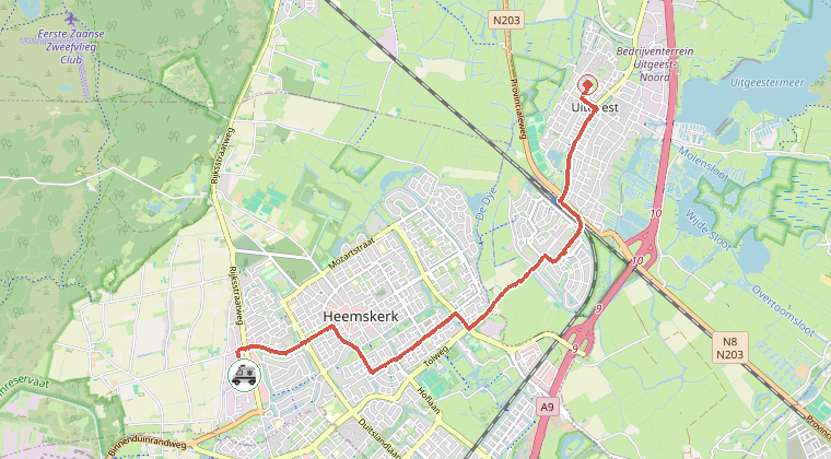 Kaart van de omgeving van de melding, met de kazerne die is gealarmeerd