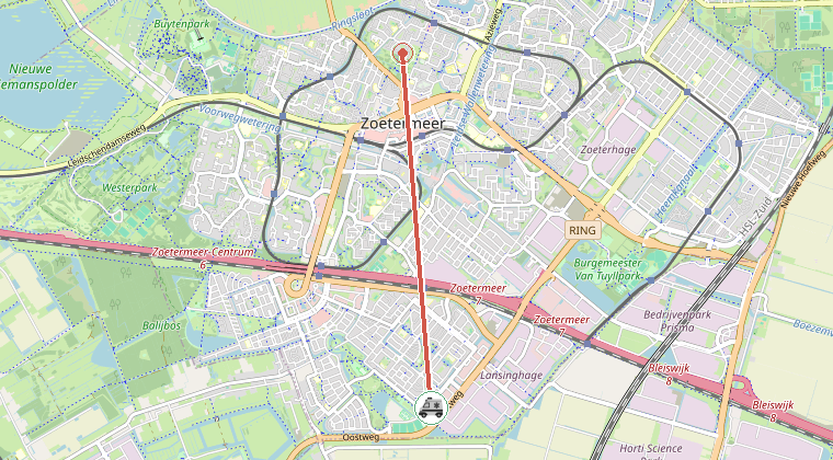 Kaart van de omgeving van de melding, met de kazerne die is gealarmeerd