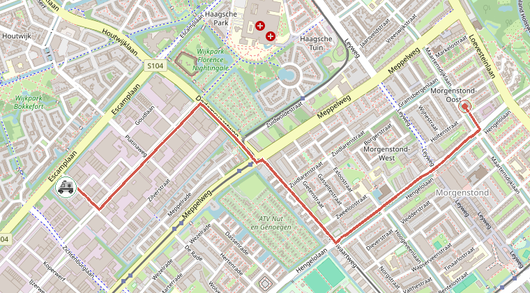Kaart van de omgeving van de melding, met de kazerne die is gealarmeerd