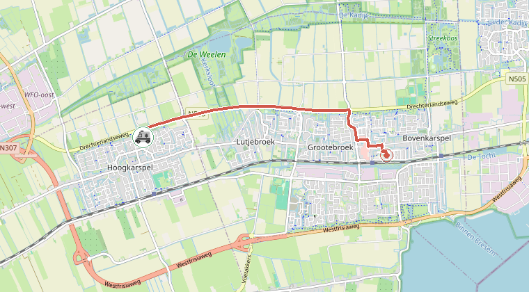 Kaart van de omgeving van de melding, met de kazerne die is gealarmeerd
