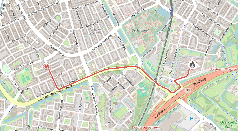 Kaart van de omgeving van de melding, met de kazerne die is gealarmeerd