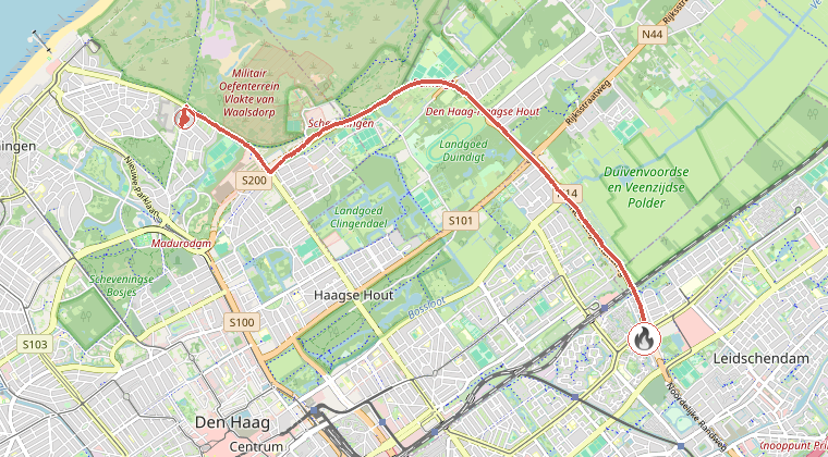 Kaart van de omgeving van de melding, met de kazerne die is gealarmeerd