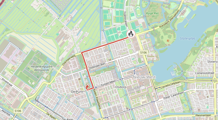 Kaart van de omgeving van de melding, met de kazerne die is gealarmeerd