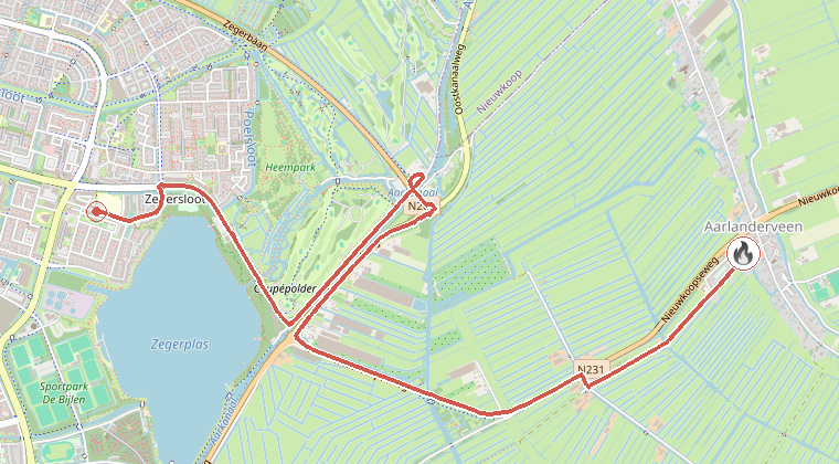 Kaart van de omgeving van de melding, met de kazerne die is gealarmeerd