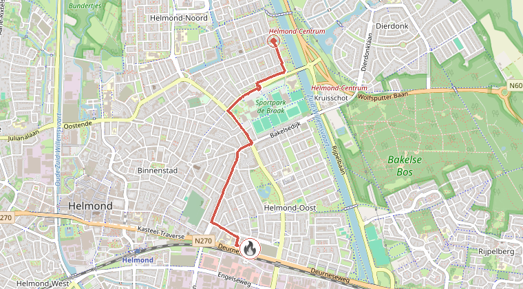 Kaart van de omgeving van de melding, met de kazerne die is gealarmeerd