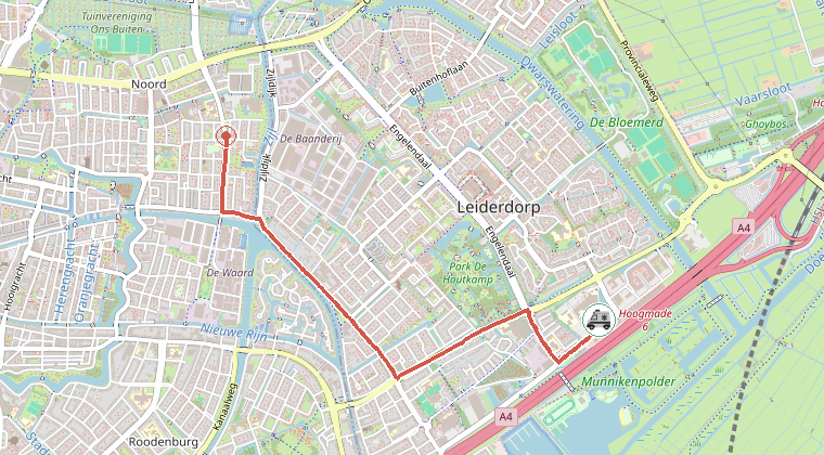 Kaart van de omgeving van de melding, met de kazerne die is gealarmeerd