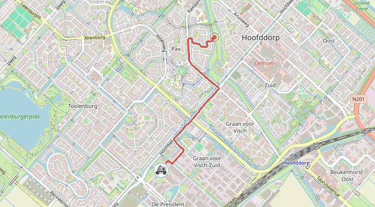 Kaart van de omgeving van de melding, met de kazerne die is gealarmeerd