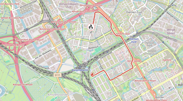 Kaart van de omgeving van de melding, met de kazerne die is gealarmeerd