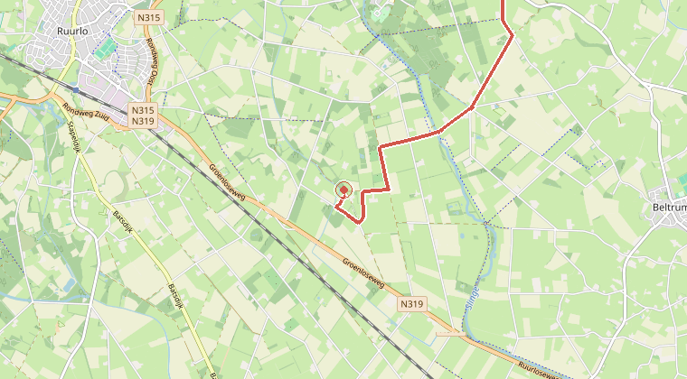 Kaart van de omgeving van de melding, met de kazerne die is gealarmeerd