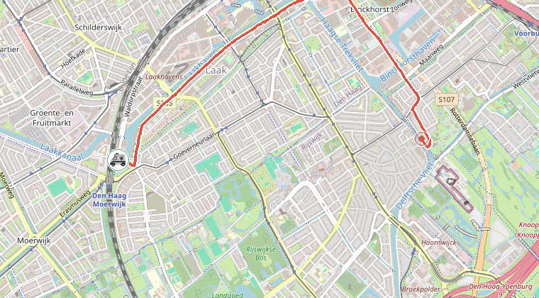 Kaart van de omgeving van de melding, met de kazerne die is gealarmeerd