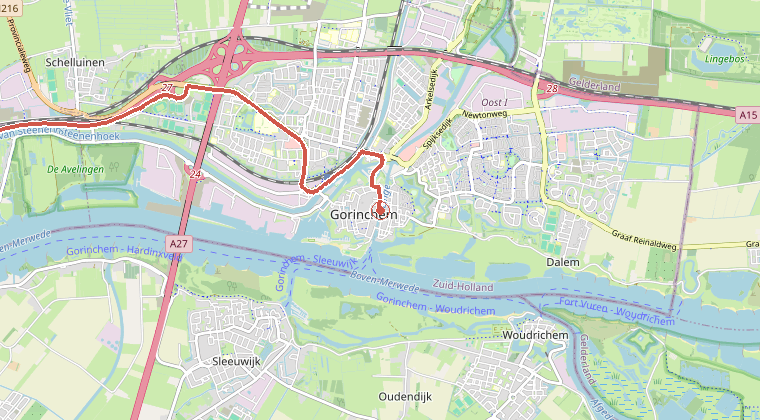 Kaart van de omgeving van de melding, met de kazerne die is gealarmeerd