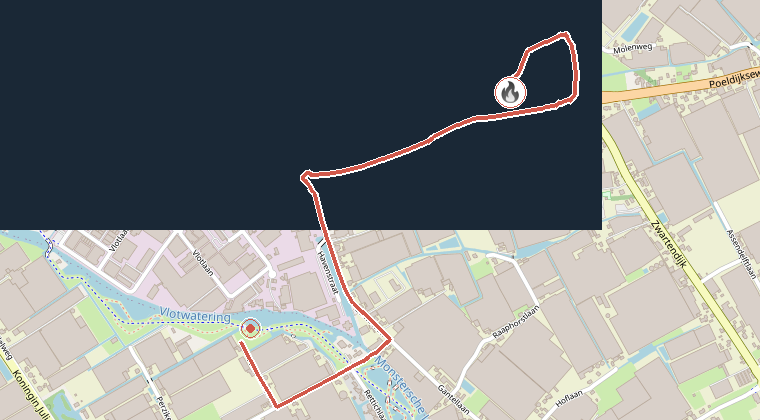 Kaart van de omgeving van de melding, met de kazerne die is gealarmeerd