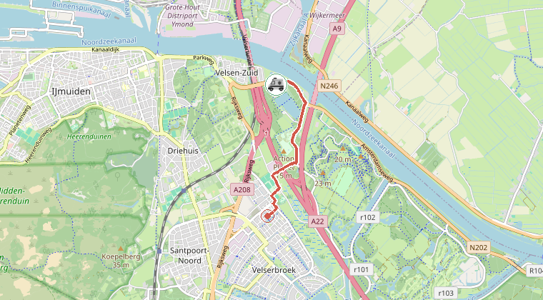 Kaart van de omgeving van de melding, met de kazerne die is gealarmeerd