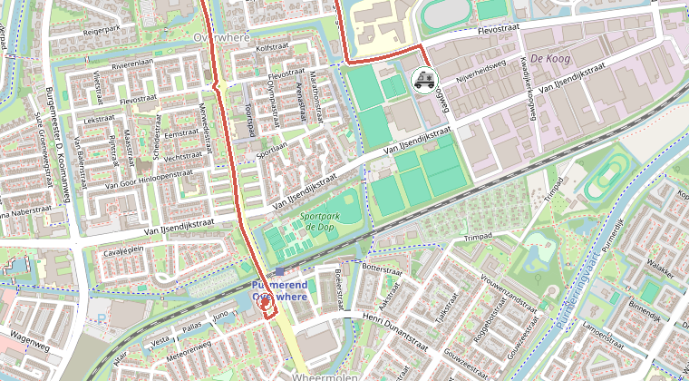 Kaart van de omgeving van de melding, met de kazerne die is gealarmeerd