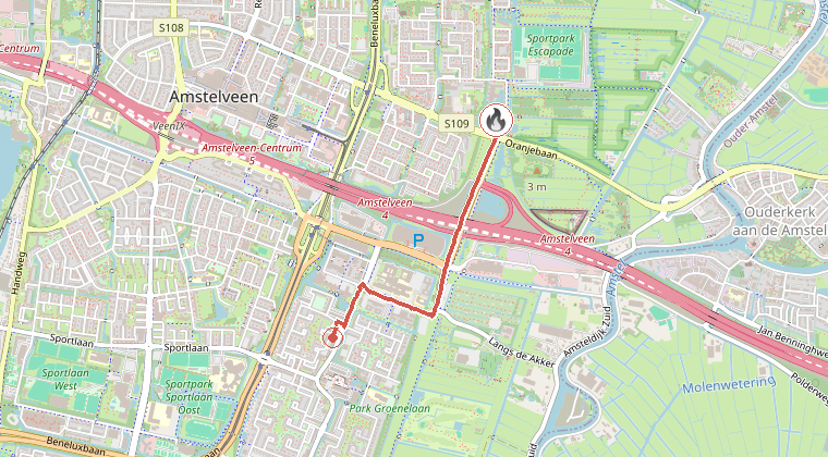 Kaart van de omgeving van de melding, met de kazerne die is gealarmeerd