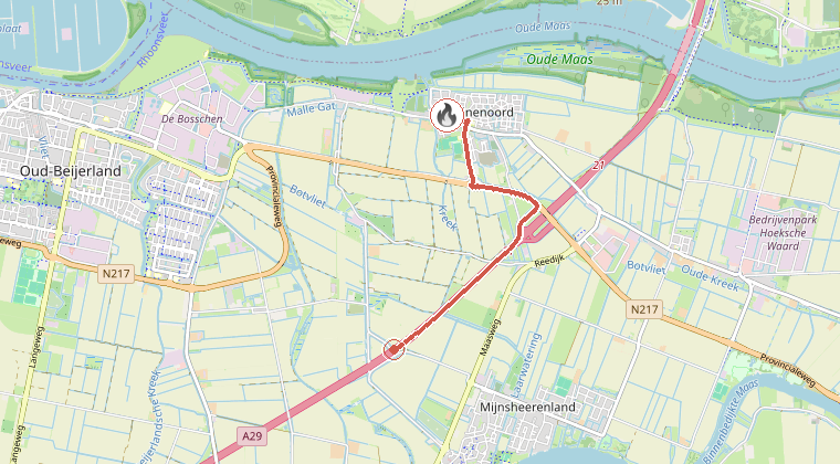 Kaart van de omgeving van de melding, met de kazerne die is gealarmeerd