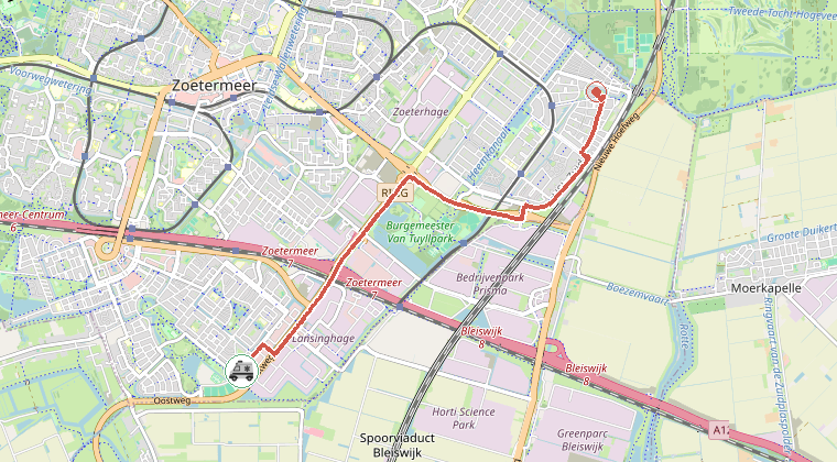 Kaart van de omgeving van de melding, met de kazerne die is gealarmeerd