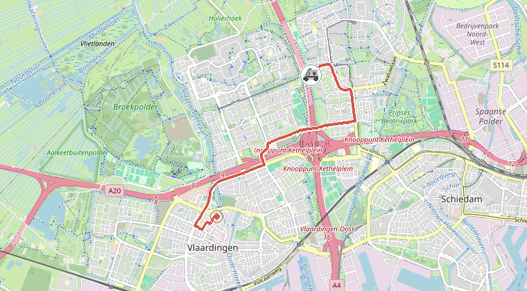 Kaart van de omgeving van de melding, met de kazerne die is gealarmeerd