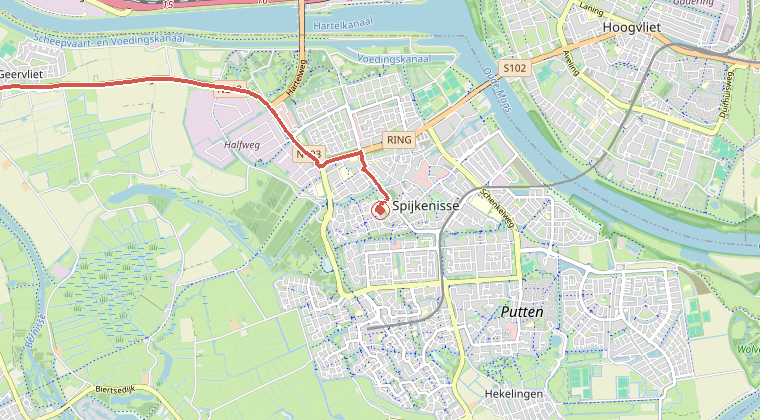 Kaart van de omgeving van de melding, met de kazerne die is gealarmeerd