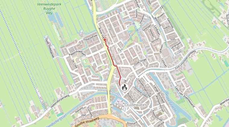 Kaart van de omgeving van de melding, met de kazerne die is gealarmeerd