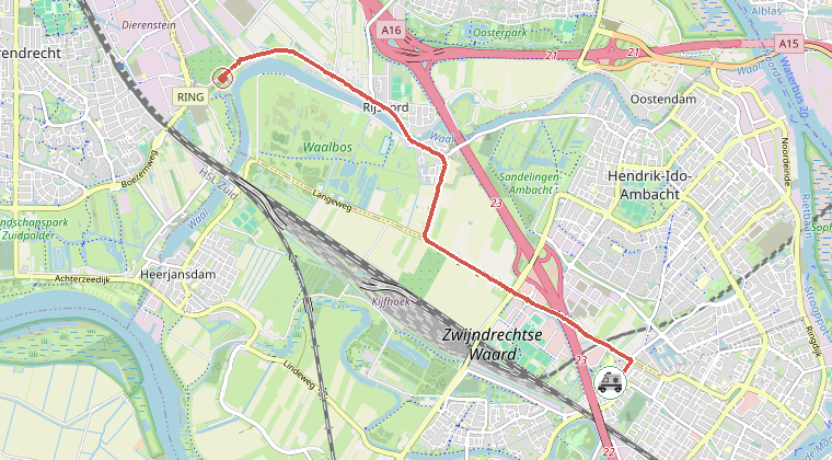 Kaart van de omgeving van de melding, met de kazerne die is gealarmeerd