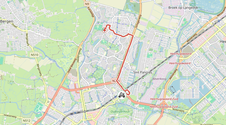 Kaart van de omgeving van de melding, met de kazerne die is gealarmeerd
