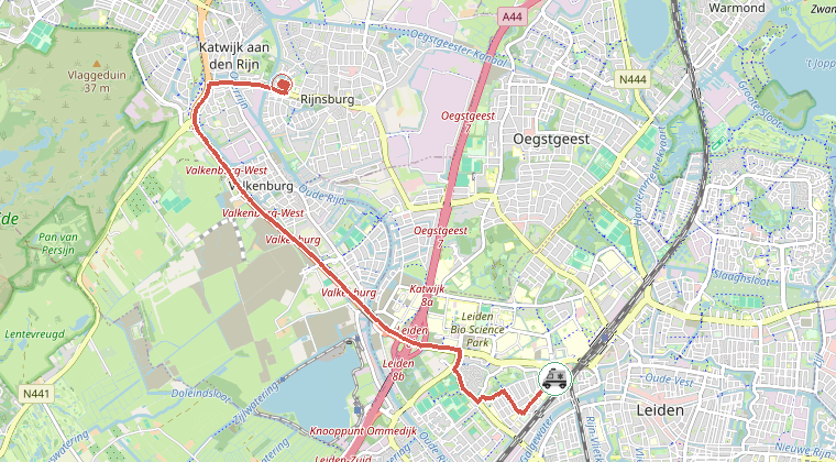 Kaart van de omgeving van de melding, met de kazerne die is gealarmeerd