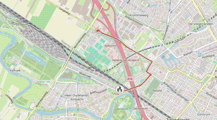 Kaart van de omgeving van de melding, met de kazerne die is gealarmeerd