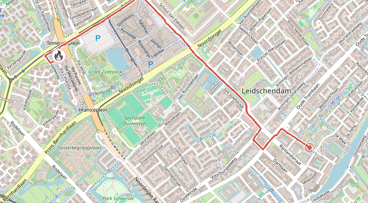 Kaart van de omgeving van de melding, met de kazerne die is gealarmeerd